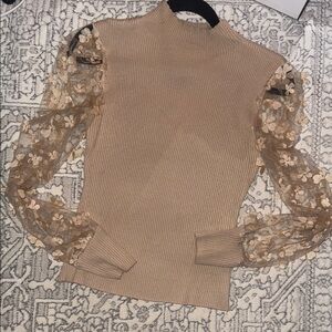 Crave Fame Tan Blouse with Floral Lace Sleeves